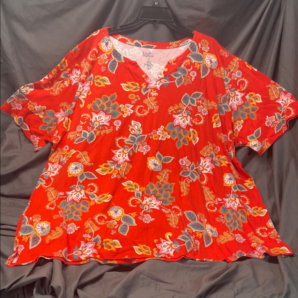 Croft & Barrow Red Tan Relaxed short sleeves Floral Top 3X